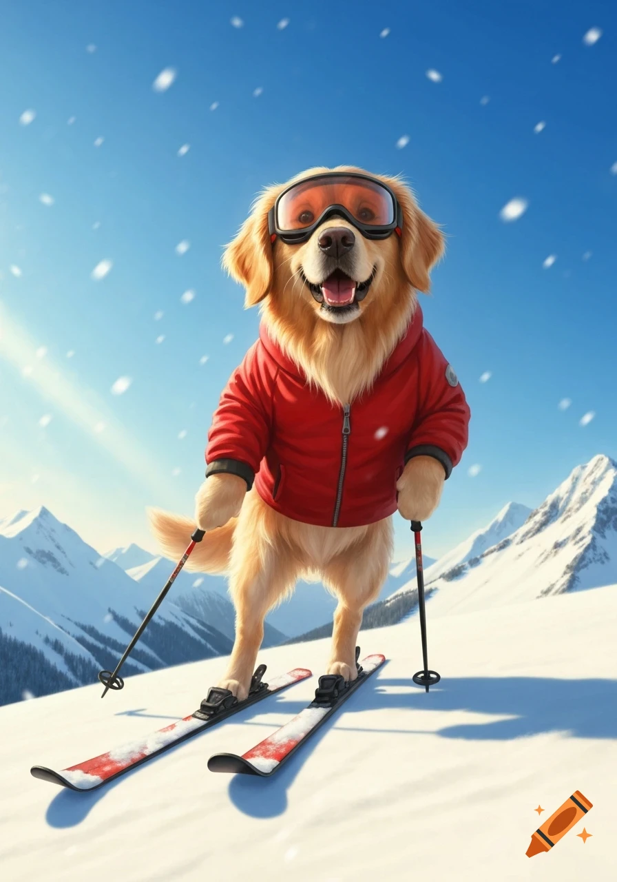 A happy Golden Retriever dog wearing a red ski jacket and goggles skis down a snowy mountain with ski poles under a blue sky.
