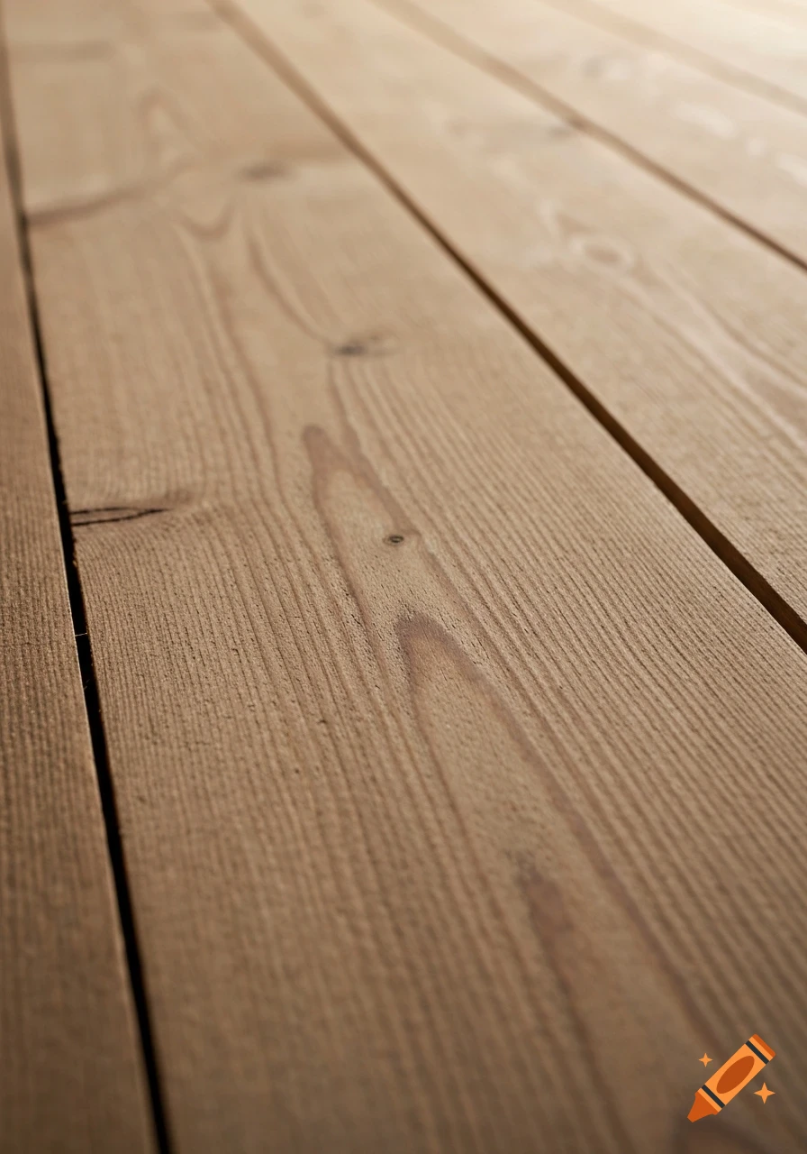 Close-up photorealistic view of natural wooden floor planks with visible grain, rendered with a shallow depth of field.