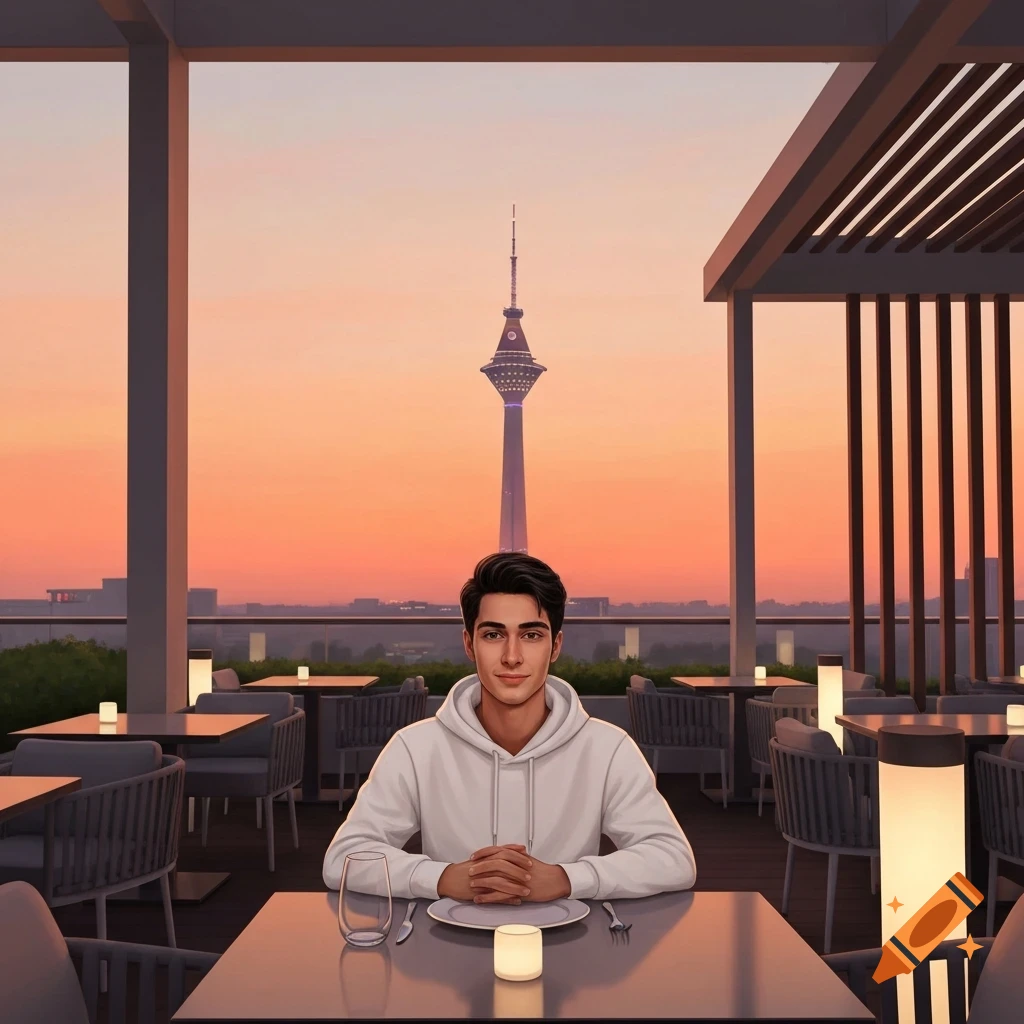 Young man in a white hoodie sits at a table on a modern rooftop restaurant terrace with the Milad Tower at sunset, digital art.