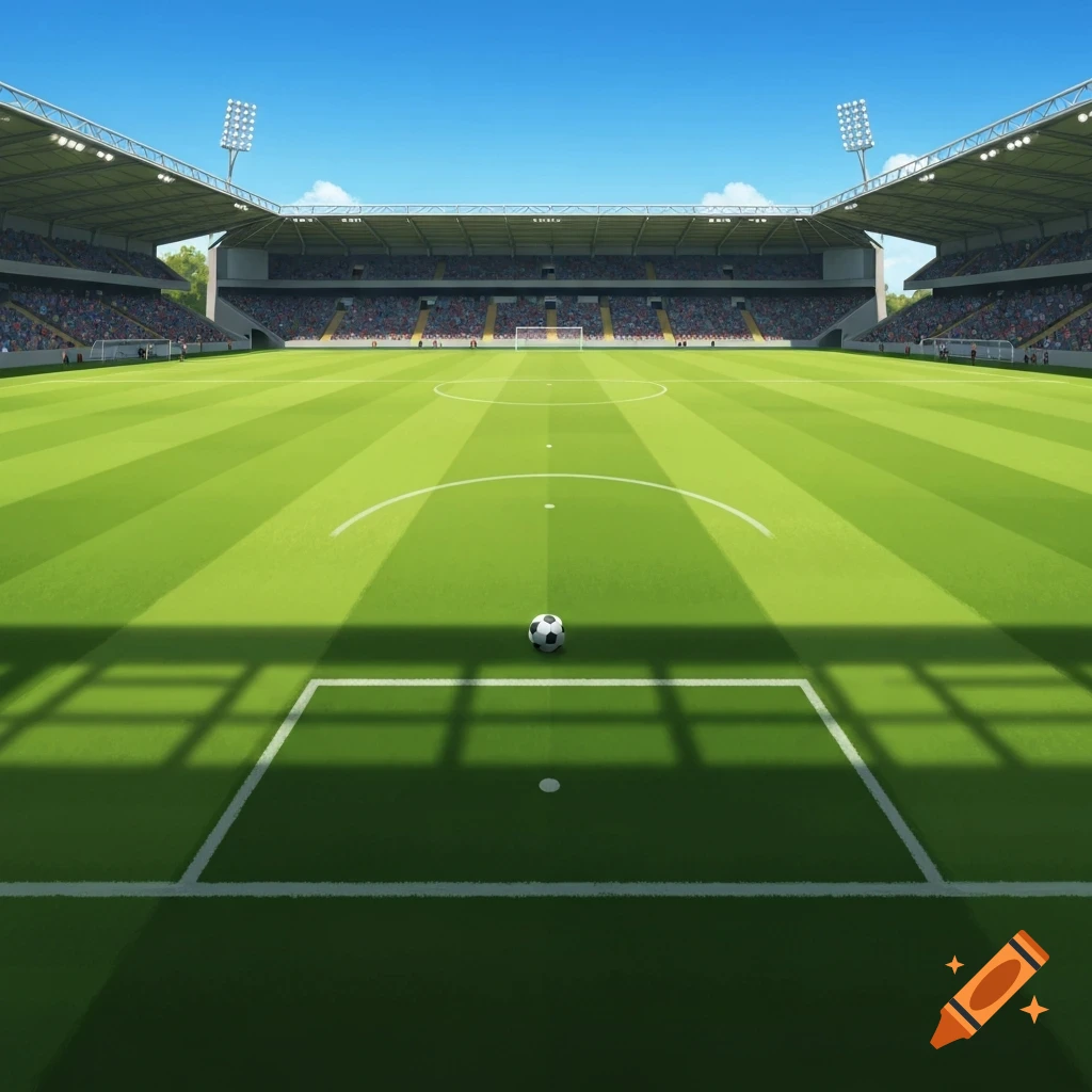 A wide view of an empty soccer stadium with a ball on the field under a clear blue sky.