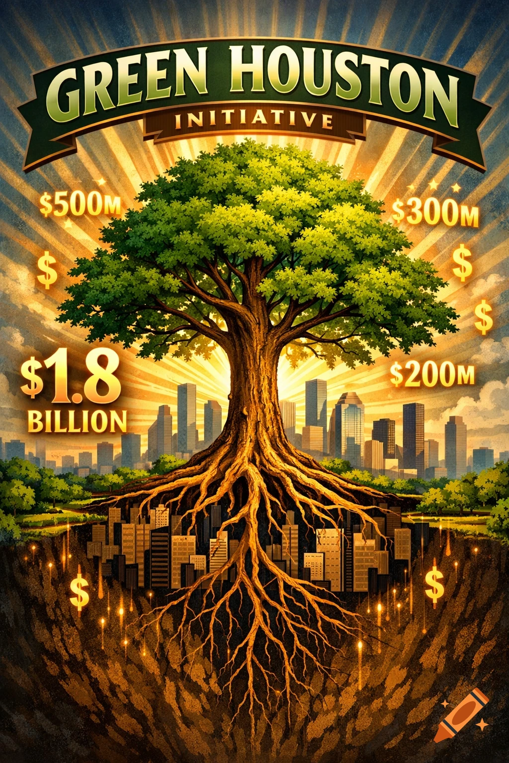 Illustration of a giant tree with roots extending into a cityscape underground, labeled 'Green Houston Initiative' with money amounts.