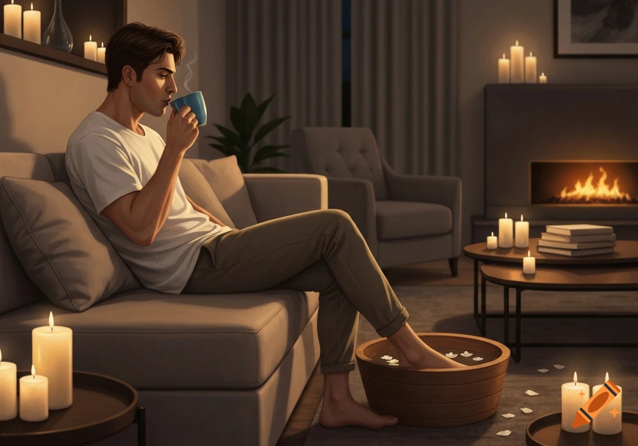 A man relaxing on a sofa, sipping from a mug with his feet in a foot bath in a cozy, candlelit living room. Digital art.
