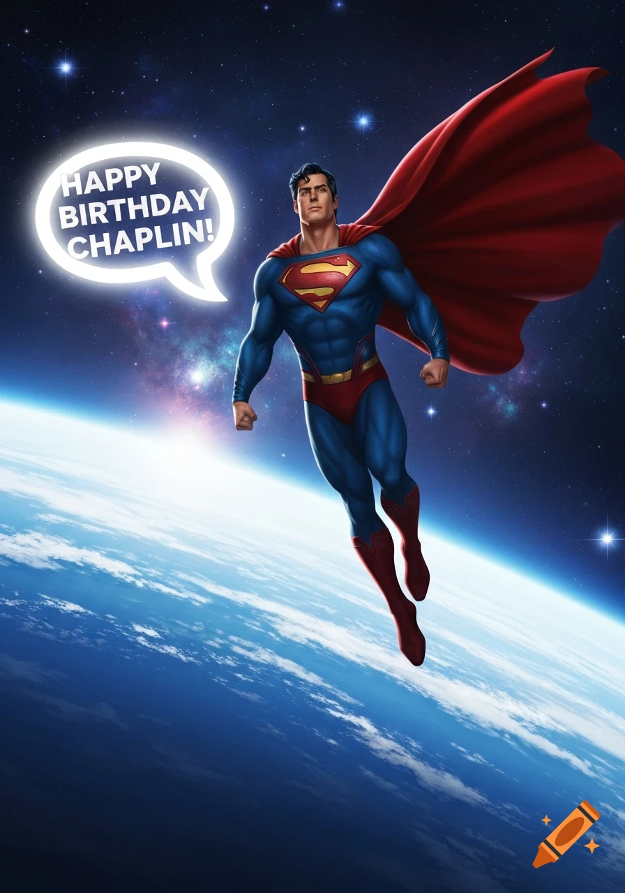 Superman flies above Earth in space with a glowing speech bubble that says "Happy Birthday Chaplin!", in a vibrant comic style.