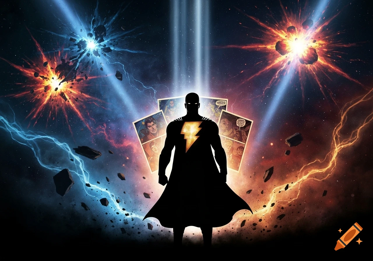Silhouette of Black Adam with a yellow lightning bolt emblem, standing before fan-like comic book panels, amidst a cosmic background with blue and orange energy explosions and floating debris.