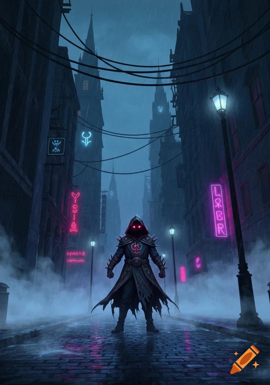 A hooded figure with glowing red eyes stands in the misty, rain-soaked street of a dark, gothic city with neon signs.