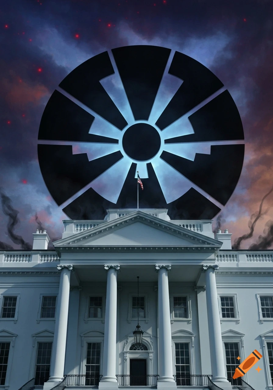 The White House under a stormy, ominous sky with a glowing black Star Wars Imperial symbol looming above it.