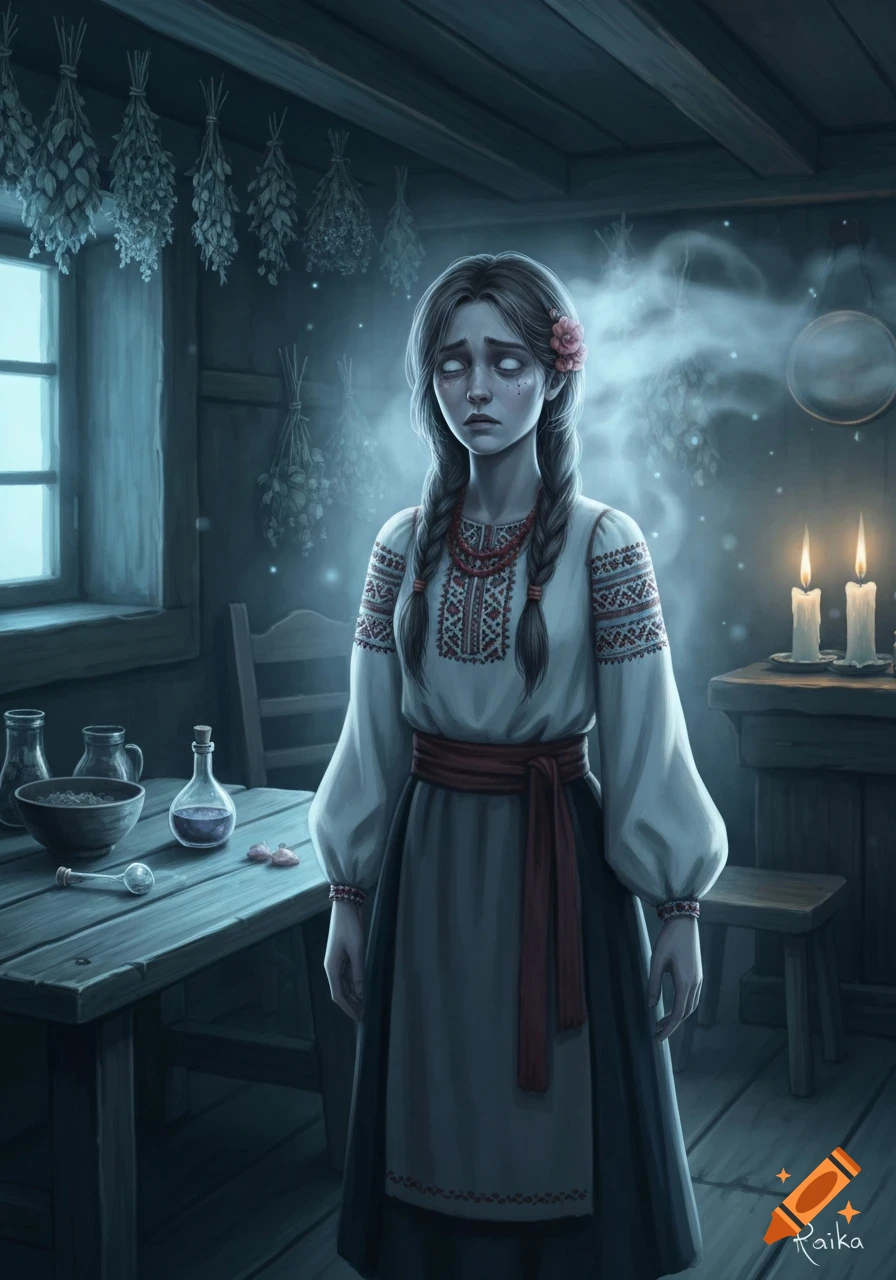 A pale, white-eyed young woman in traditional Ukrainian clothing stands in a dimly lit rustic room with dried herbs and candles. Digital illustration.