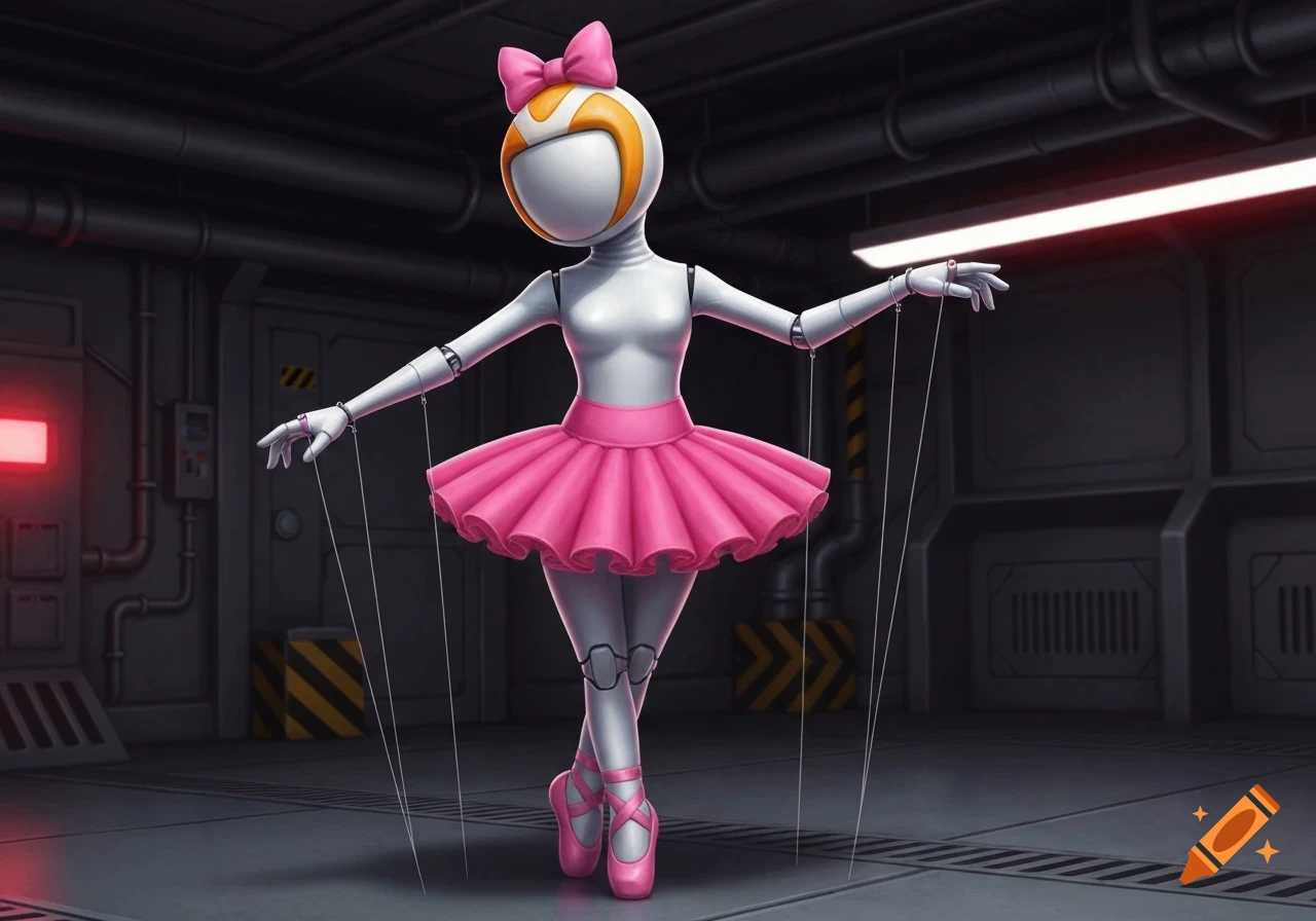 A robotic ballerina in a white suit, pink tutu, and ballet shoes stands en pointe, controlled by puppet strings.