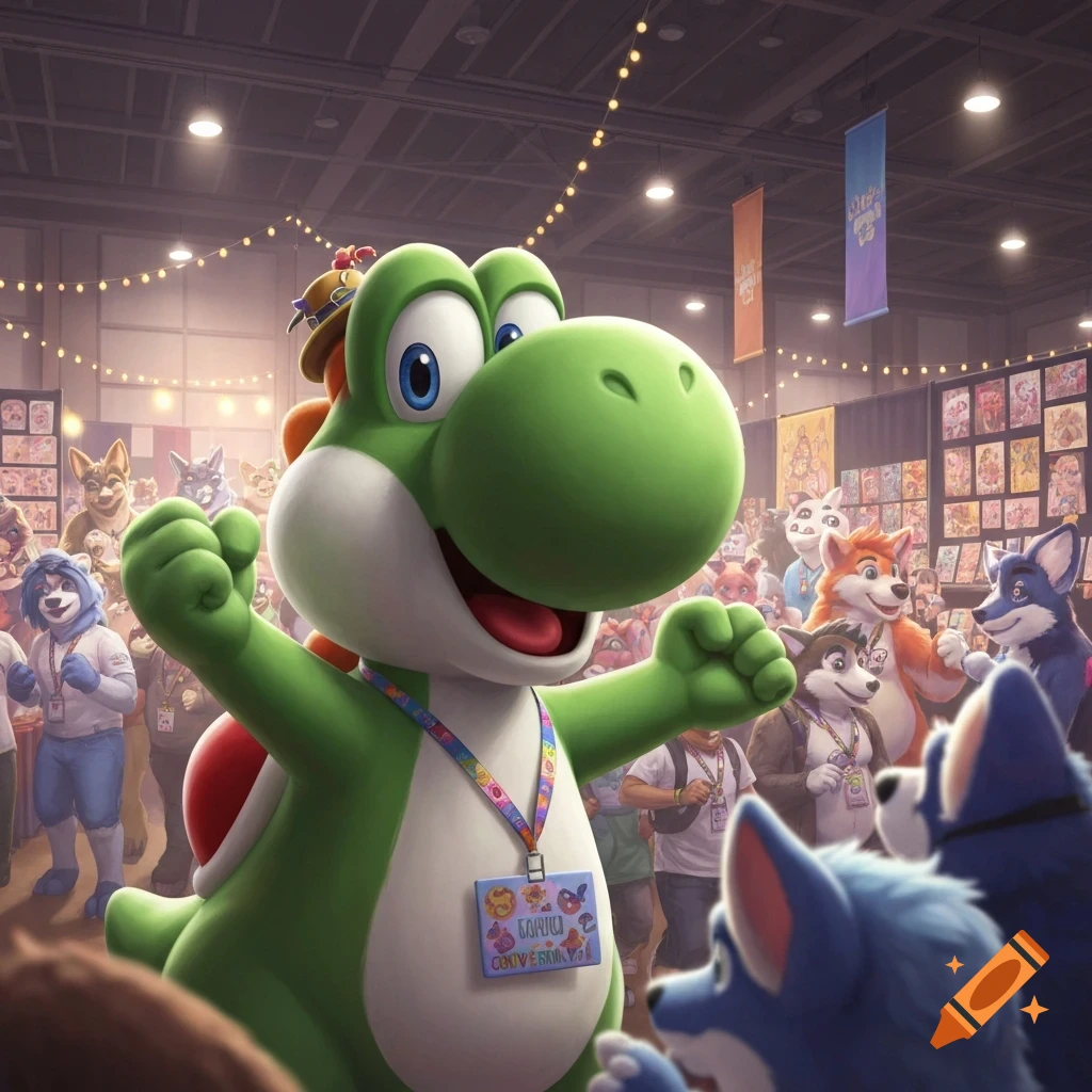 Yoshi, a green dinosaur, grins at a bustling furry convention, surrounded by people in anthropomorphic animal costumes.