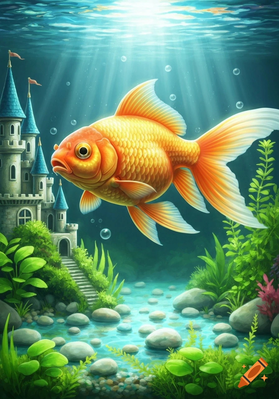 A vibrant orange goldfish swims near a fantastical underwater castle with blue spires and green plants on the seabed, illuminated by sunbeams.