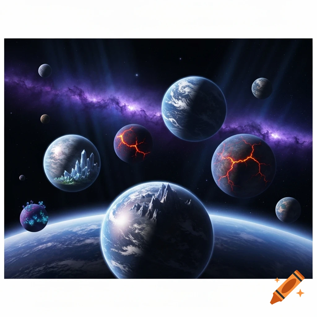 Multiple fantastical planets with varying surfaces (earth-like, volcanic, crystal) float in a vibrant purple galaxy.