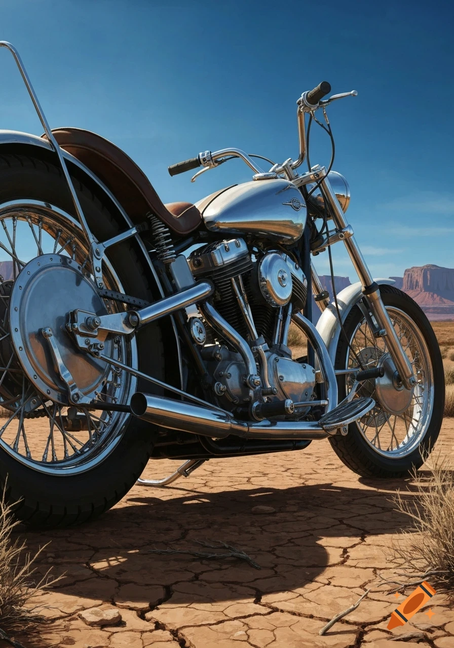 A gleaming chrome and brown leather motorcycle is parked on cracked desert earth under a bright blue sky, with distant mesas.