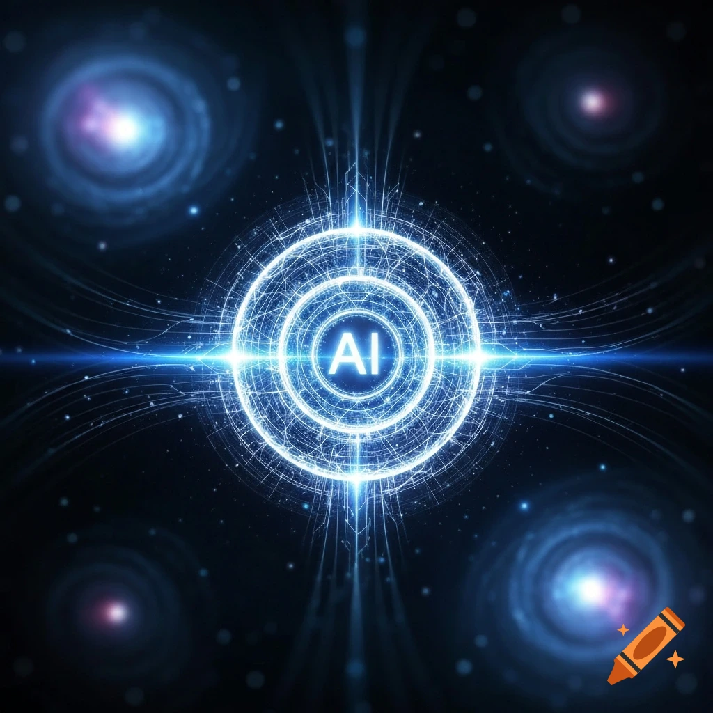 A glowing blue circular AI symbol with digital circuits against a dark cosmic background with other glowing orbs.