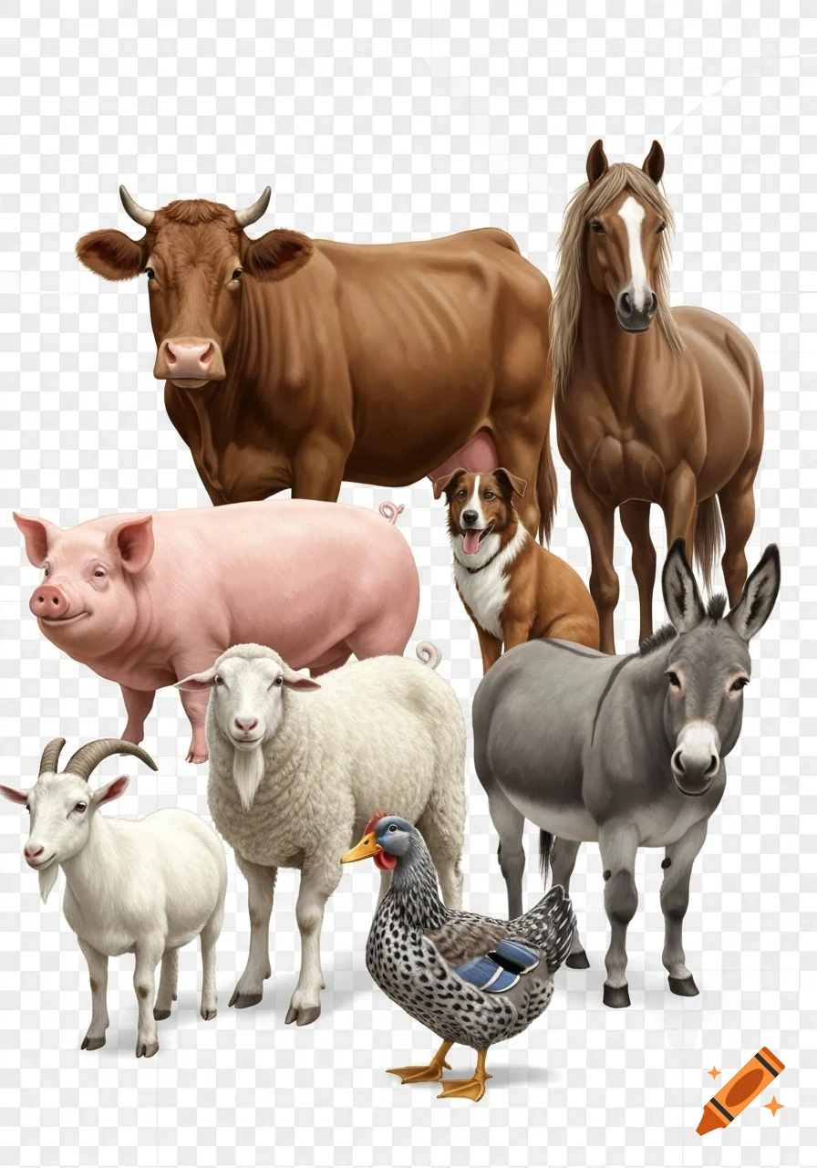 A cow, horse, pig, dog, goat, sheep, duck, and donkey stand together against a transparent background in a realistic, illustrative style.