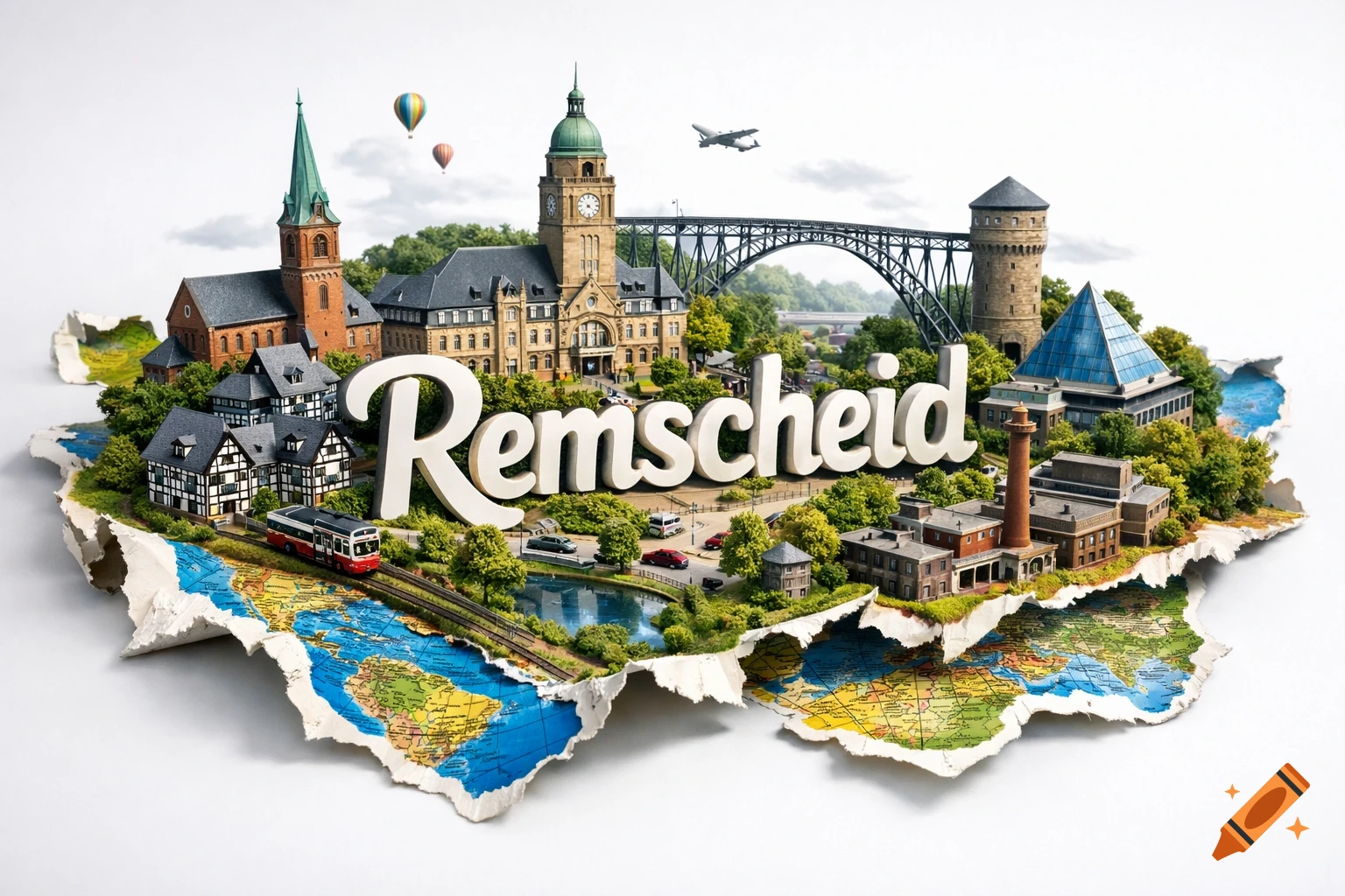 A detailed miniature 3D model of Remscheid featuring landmarks and 'Remscheid' text, placed on a ripped world map.