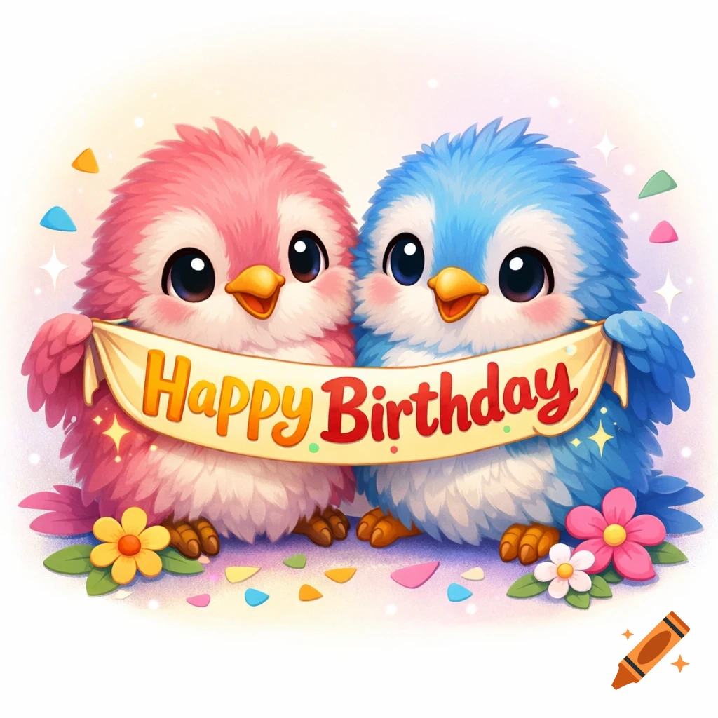 Two adorable pink and blue fluffy cartoon birds hold a 'Happy Birthday' banner, surrounded by colorful confetti and flowers.