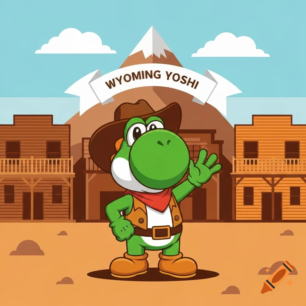 Cartoon Yoshi in a cowboy outfit waves in a Wild West town with mountains and a 'Wyoming Yoshi' banner.