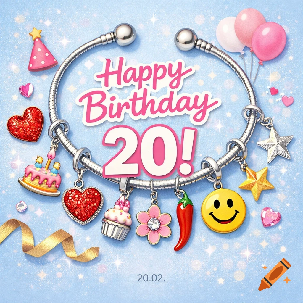A silver charm bracelet with various colorful charms like hearts, cake, and a smiley face, on a glittery blue background. Text reads 'Happy Birthday 20!' and '20.02.'