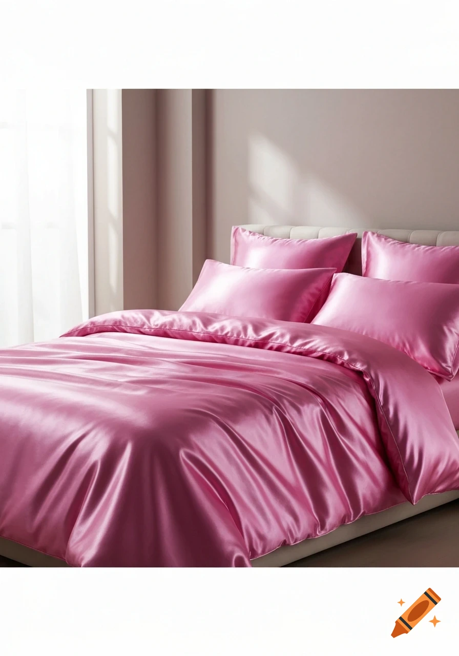 Pink shiny satin bedding on a bed in a sunlit bedroom.