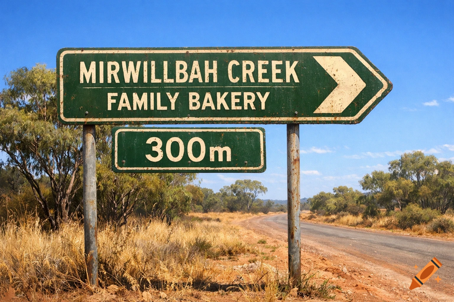 Rusty green road sign for "Mirwillbah Creek Family Bakery" 300m away, pointing right on a dirt road in an Australian landscape.