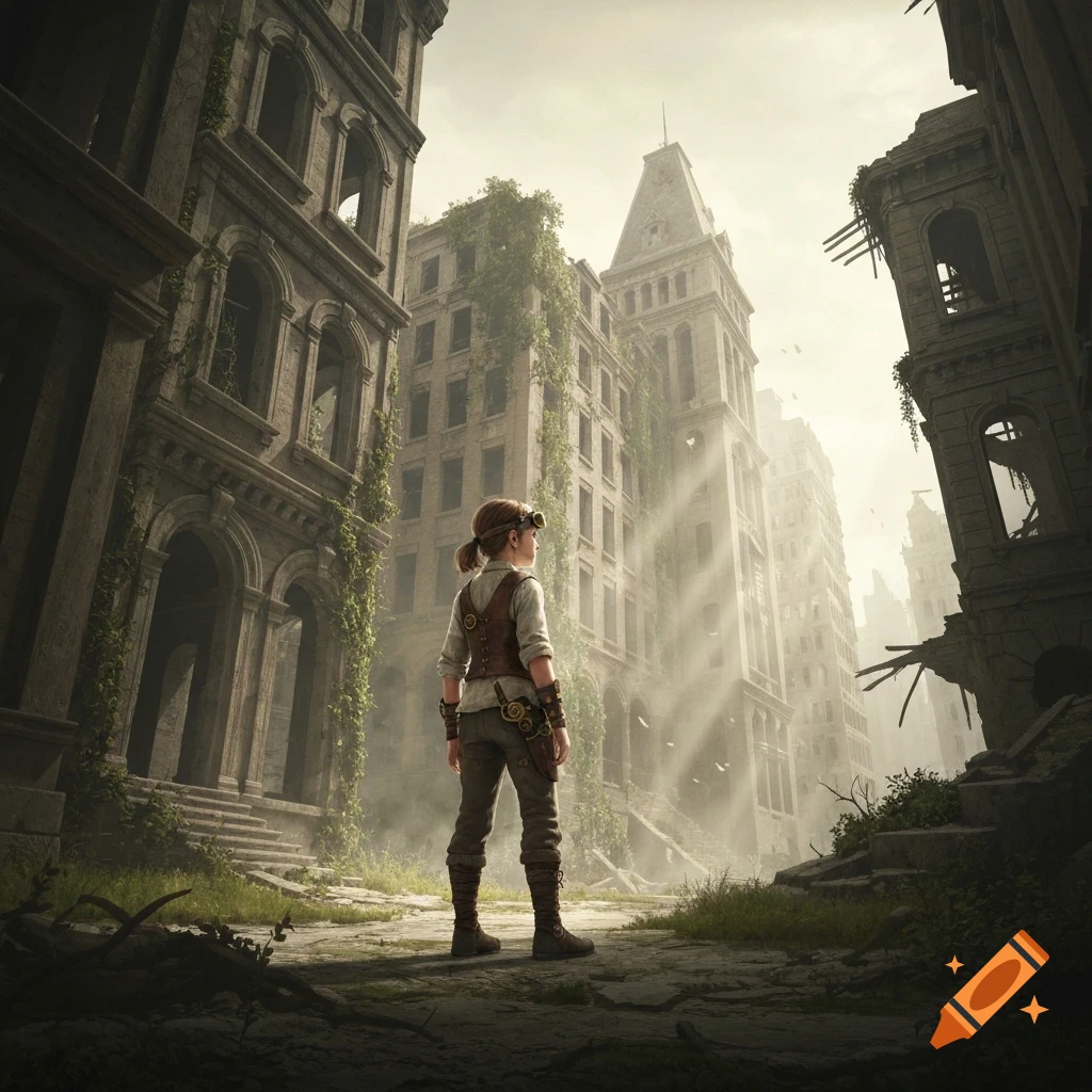 A steampunk girl stands in a ruined city, looking towards a hazy light, in a photorealistic style.