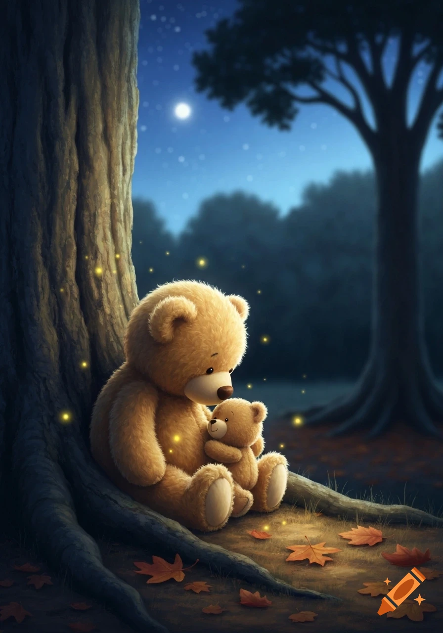 A large teddy bear sitting and hugging a smaller teddy bear by a tree at night, with fireflies and autumn leaves.