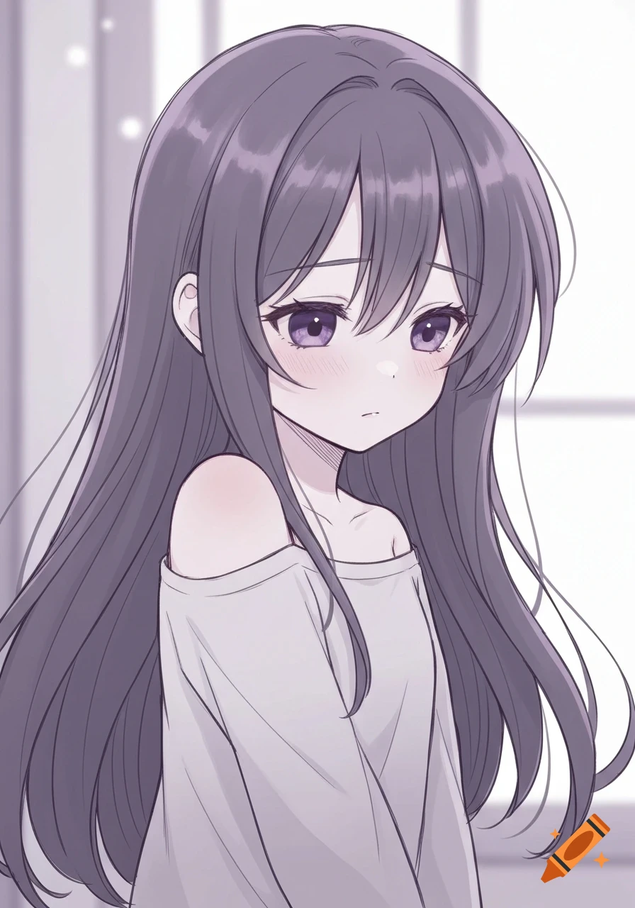 A shy anime girl with long, dark purple hair and dark purple eyes, wearing a white off-shoulder top.