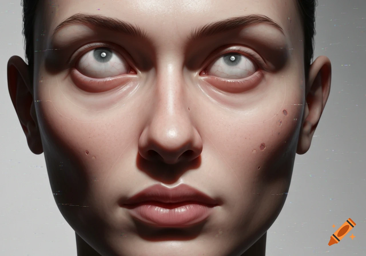 Close-up of a pale, distorted face with upward-rolling bloodshot eyes, swollen eyelids, and digital glitch artifacts.