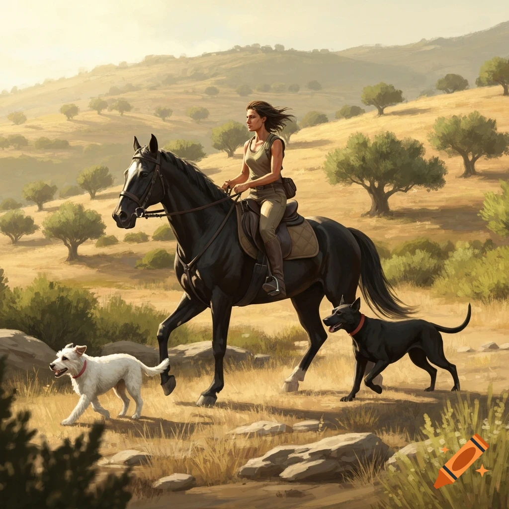 Woman on a black horse with a white and a black dog in a sunny, hilly Mediterranean landscape.