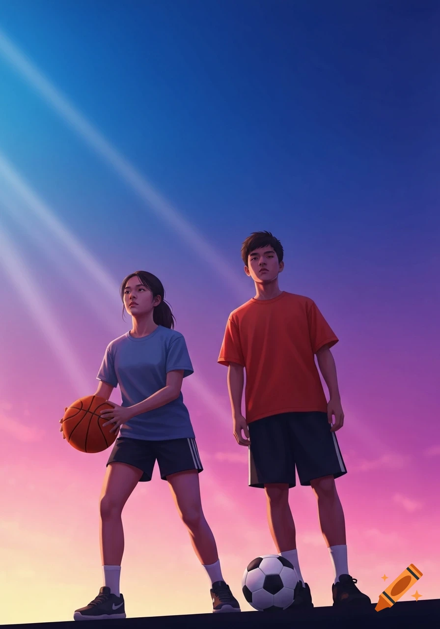 Illustration of a girl holding a basketball and a boy with a soccer ball, standing against a vibrant blue, purple, and pink gradient sky.