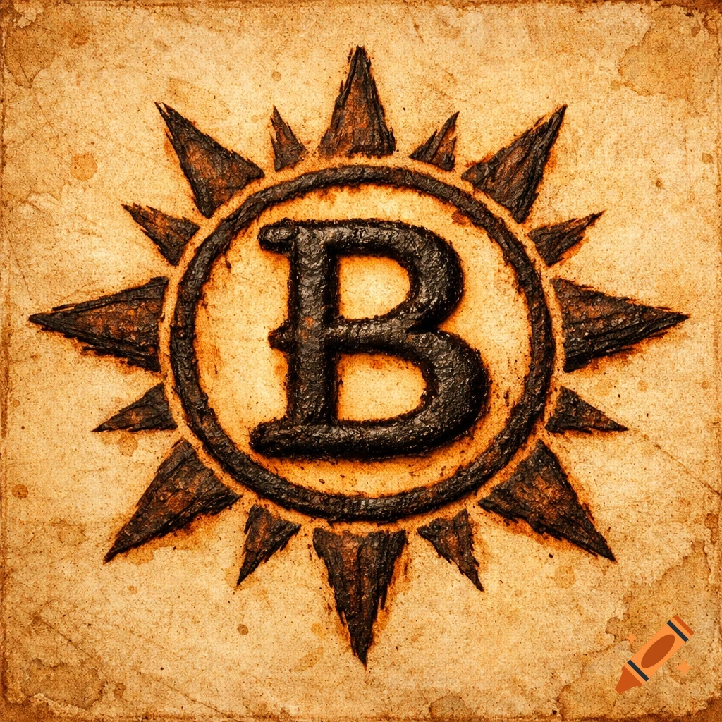 Rustic, burnt cattle brand with a letter B in a sunburst on textured parchment.