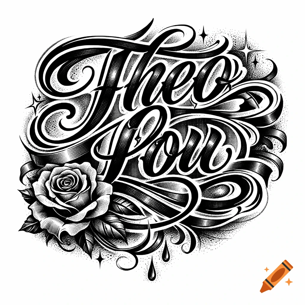 Black and white Chicano-style tattoo art with stylized script names 'Theo' and 'Lou' intertwined with a detailed rose and decorative flourishes.