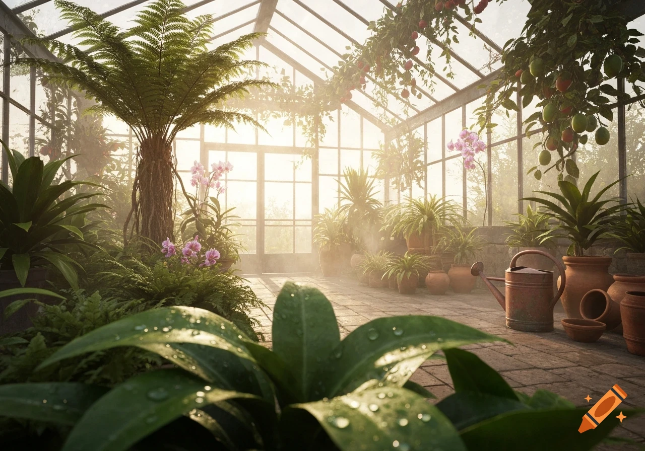 Lush greenhouse filled with diverse green plants, terracotta pots, and pink orchids, illuminated by soft sunlight filtering through the glass roof.