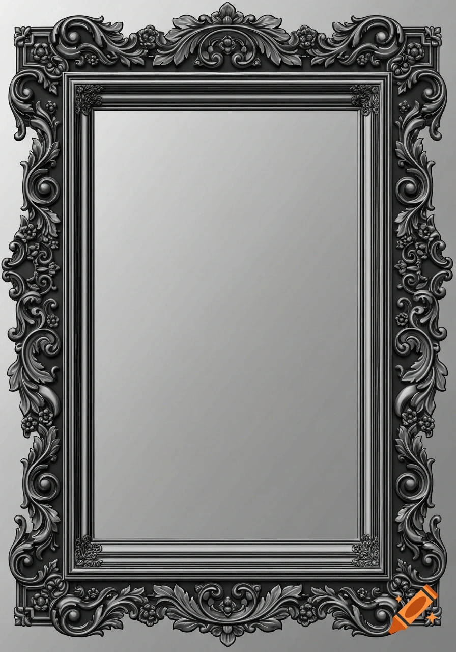 An ornate black and dark grey ornamental frame with elaborate scrollwork and floral patterns on a light grey background.