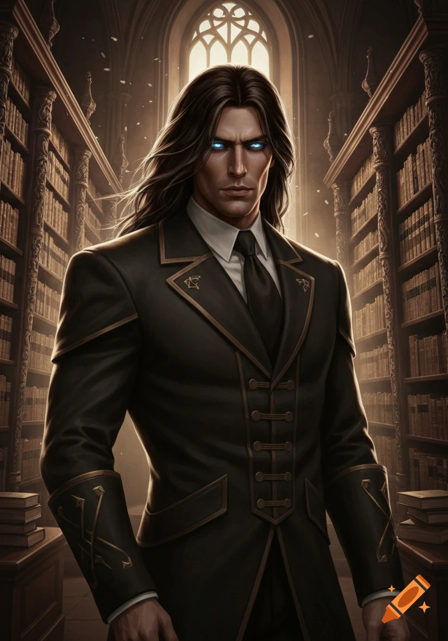 A stylized portrait of a dark-haired man with glowing blue eyes, dressed in a dark suit, standing in a grand, vaulted library.