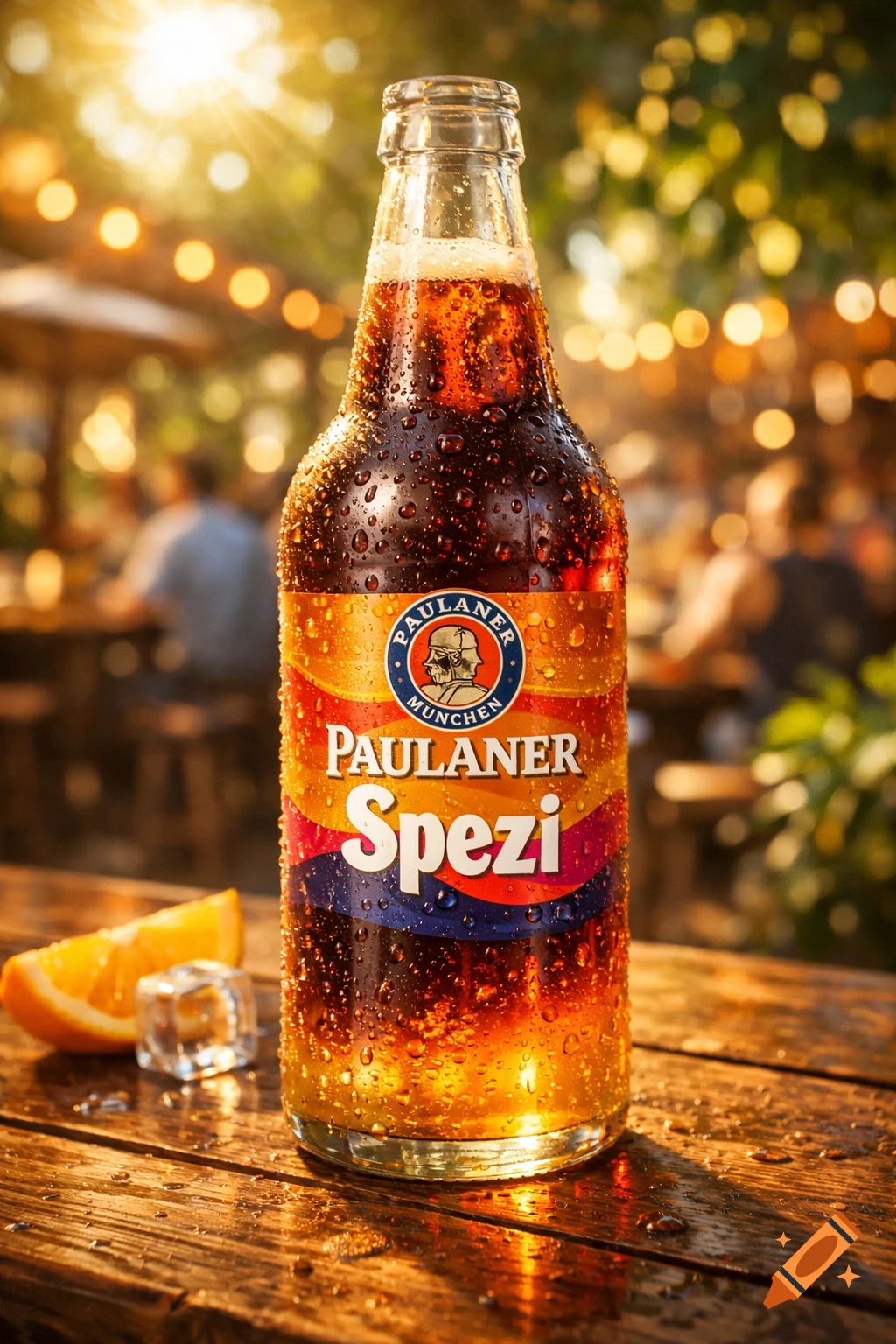 A cold Paulaner Spezi bottle covered in condensation on a wet wooden table with an orange slice and ice cubes under sunlight.
