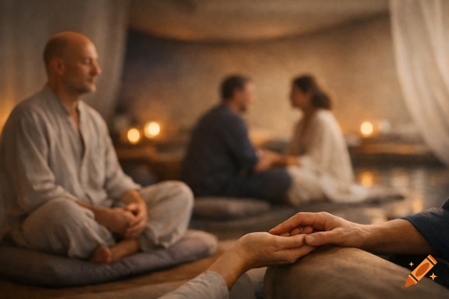 People gather in a dimly lit room, some meditating, while two sets of hands are clasped in the foreground, creating a calm, atmospheric scene.