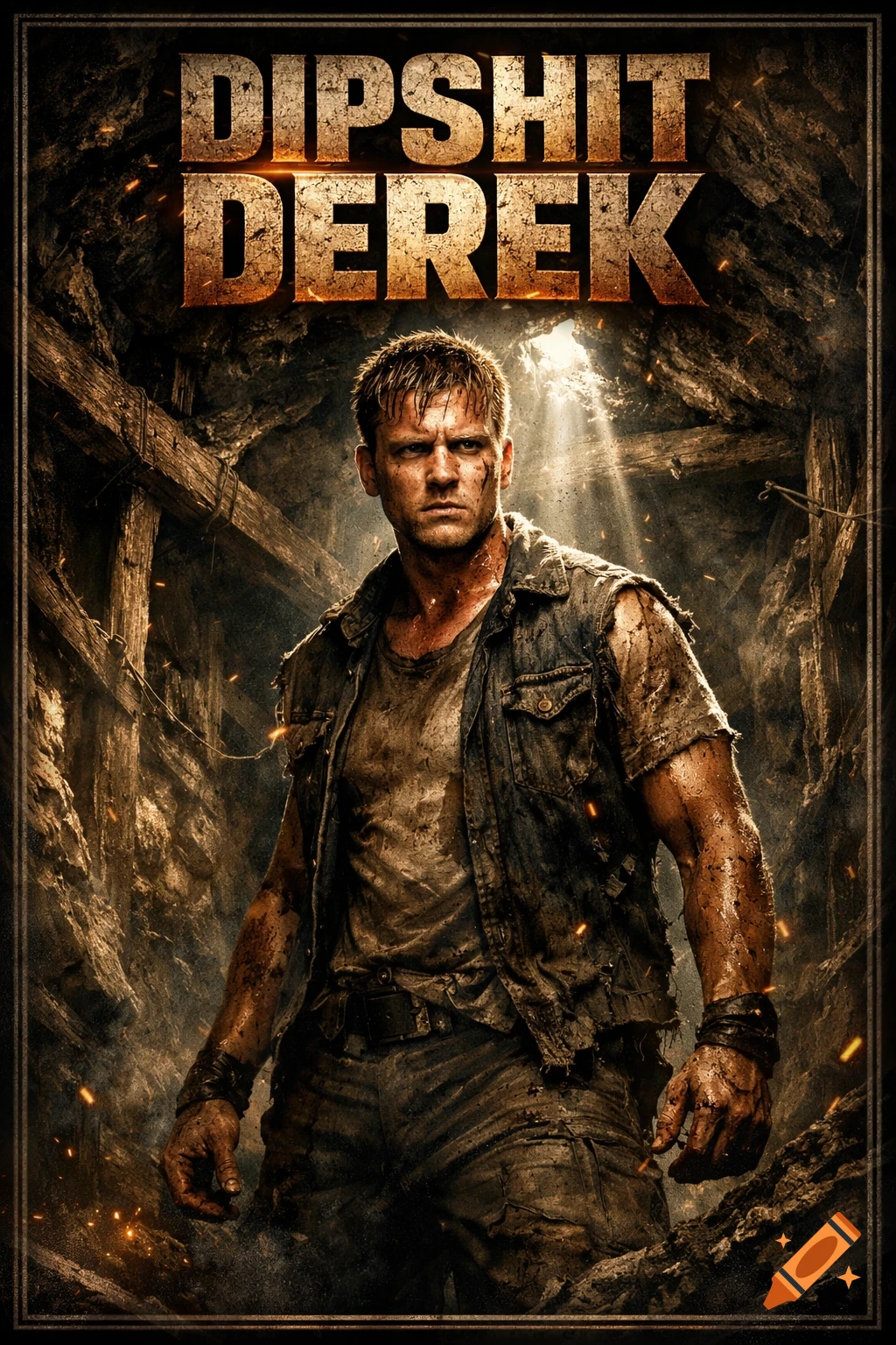 A movie poster featuring a rugged man covered in dirt in a mine shaft, titled 'DIPSHIT DEREK'.