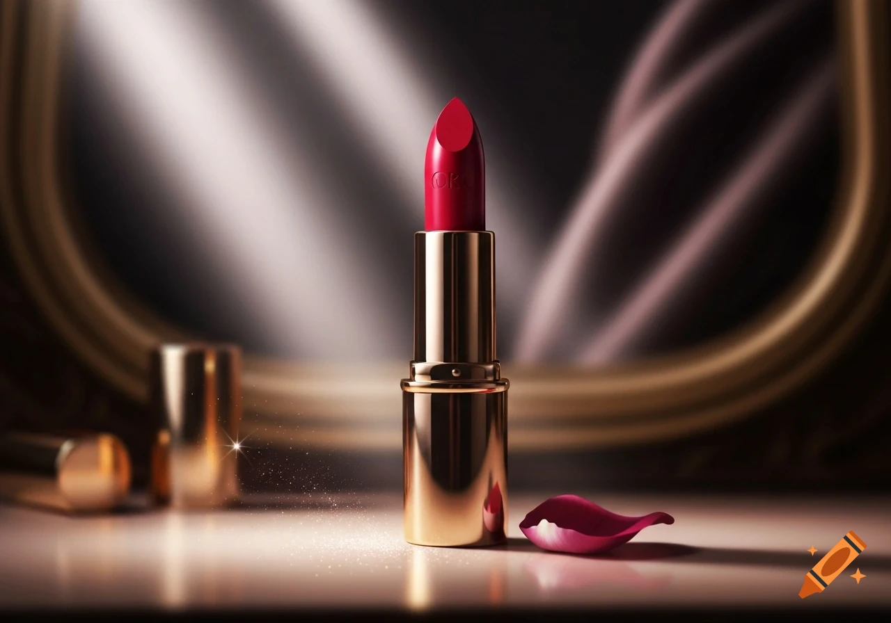 A vibrant red lipstick in a golden tube stands on a glossy surface with a single petal and shimmering dust, captured in a dramatic product shot.