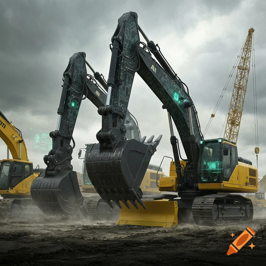 Two futuristic black and yellow excavators with glowing green circuit patterns and digital displays on a construction site under a cloudy sky, with a crane in the background.