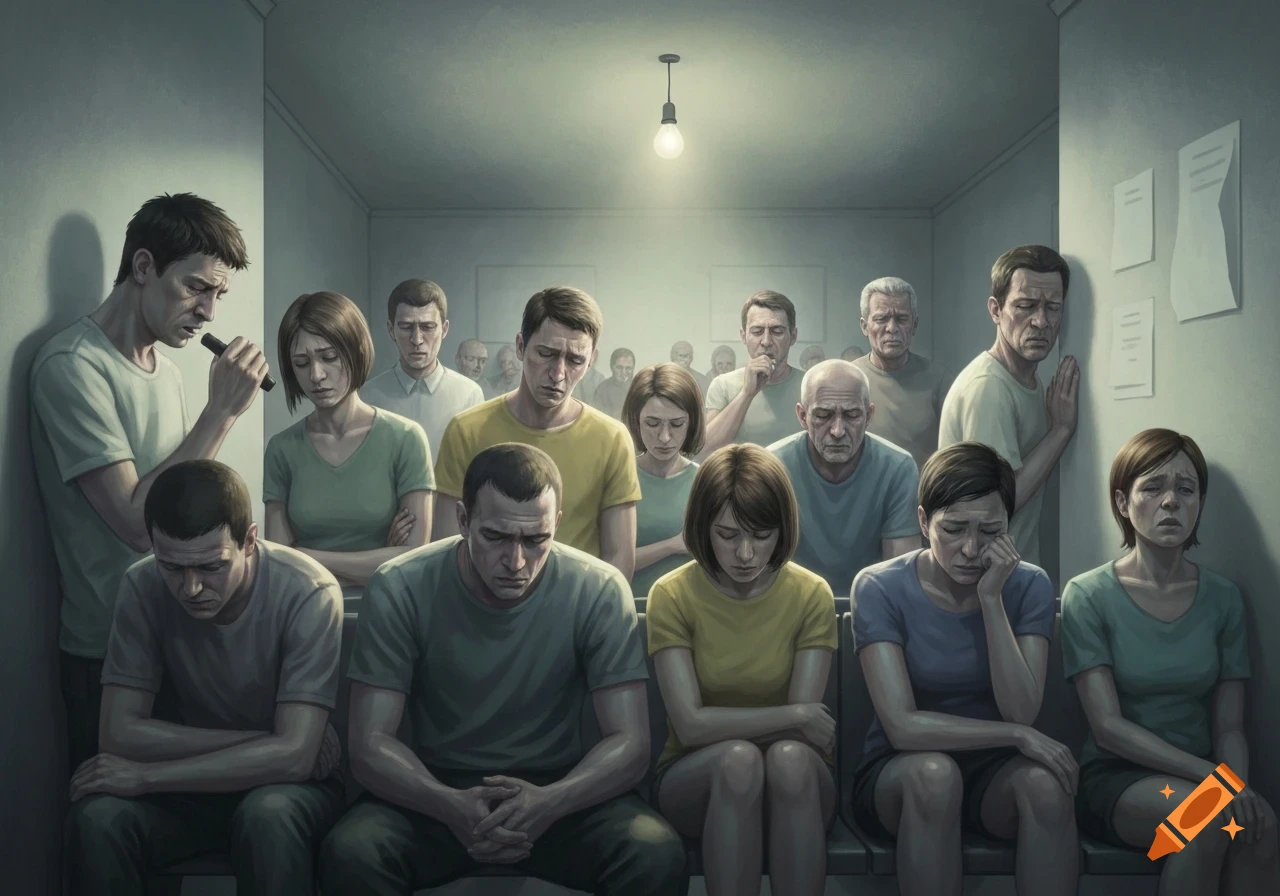 A group of distressed people, some sitting and some standing with bowed heads, in a dimly lit room under a single light bulb.