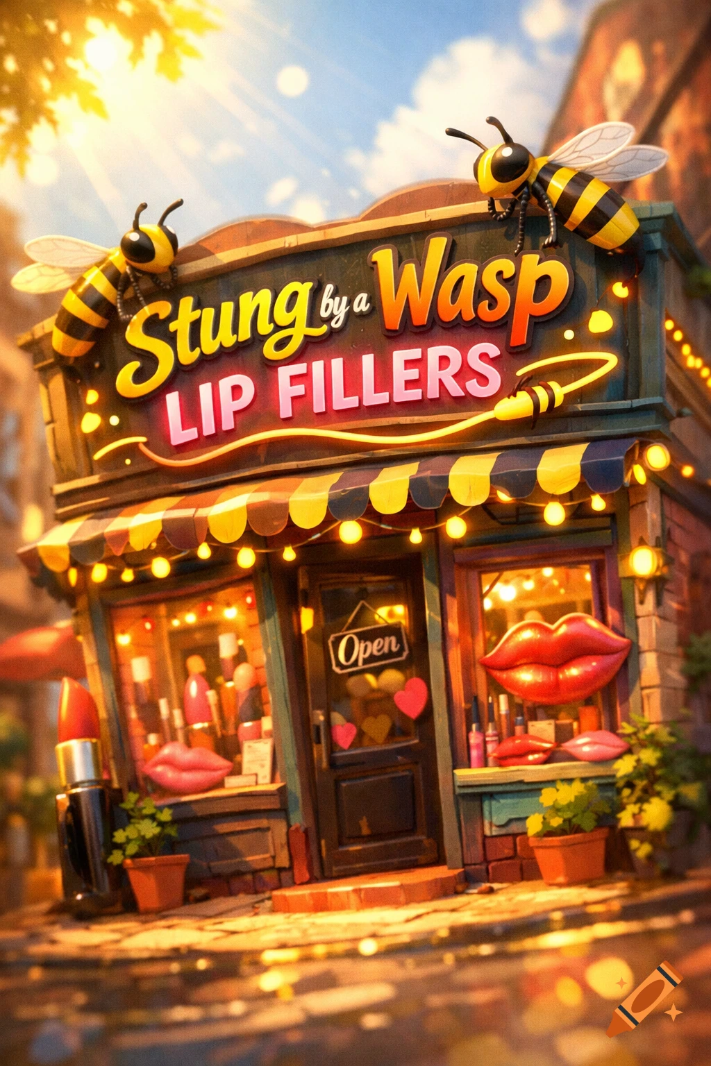 A whimsical, cartoon-style storefront for 'Stung by a Wasp Lip Fillers' with large bees, a lipstick tube, and lip sculptures.