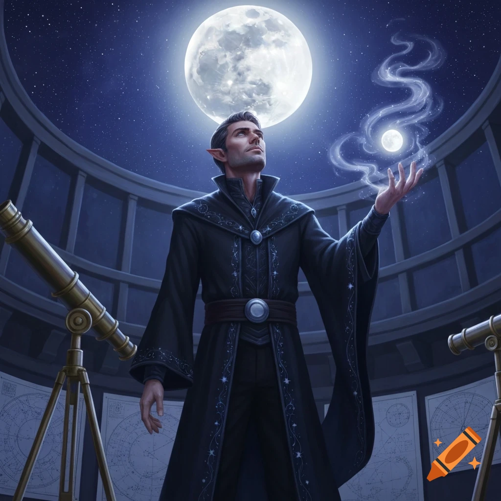 A half-elf man in a dark robe stands in an observatory, gazing at a large moon, conjuring a small glowing orb with magic.