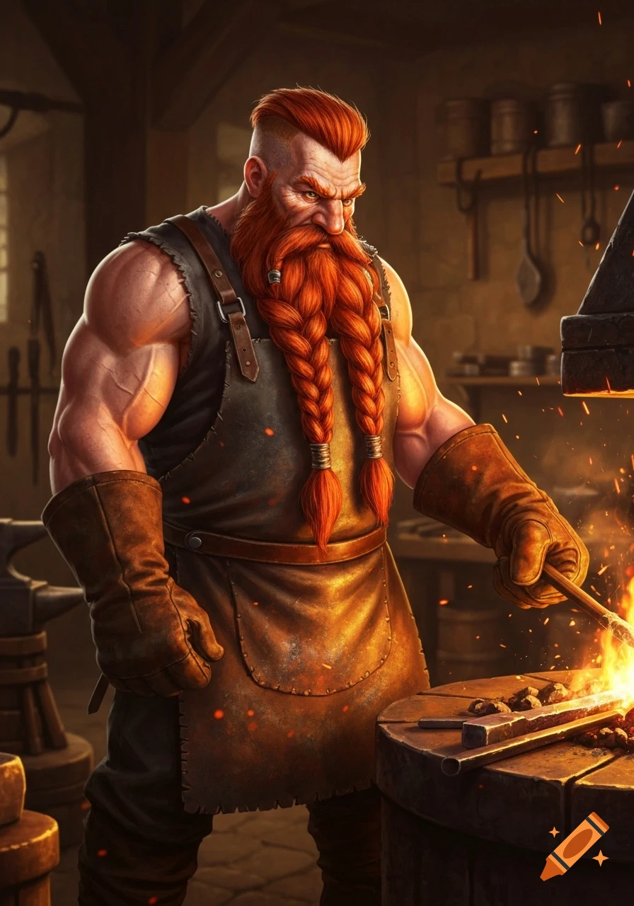 A strong dwarf with a long, braided red beard and a blacksmith's apron and gloves works at a forge, sparks flying.
