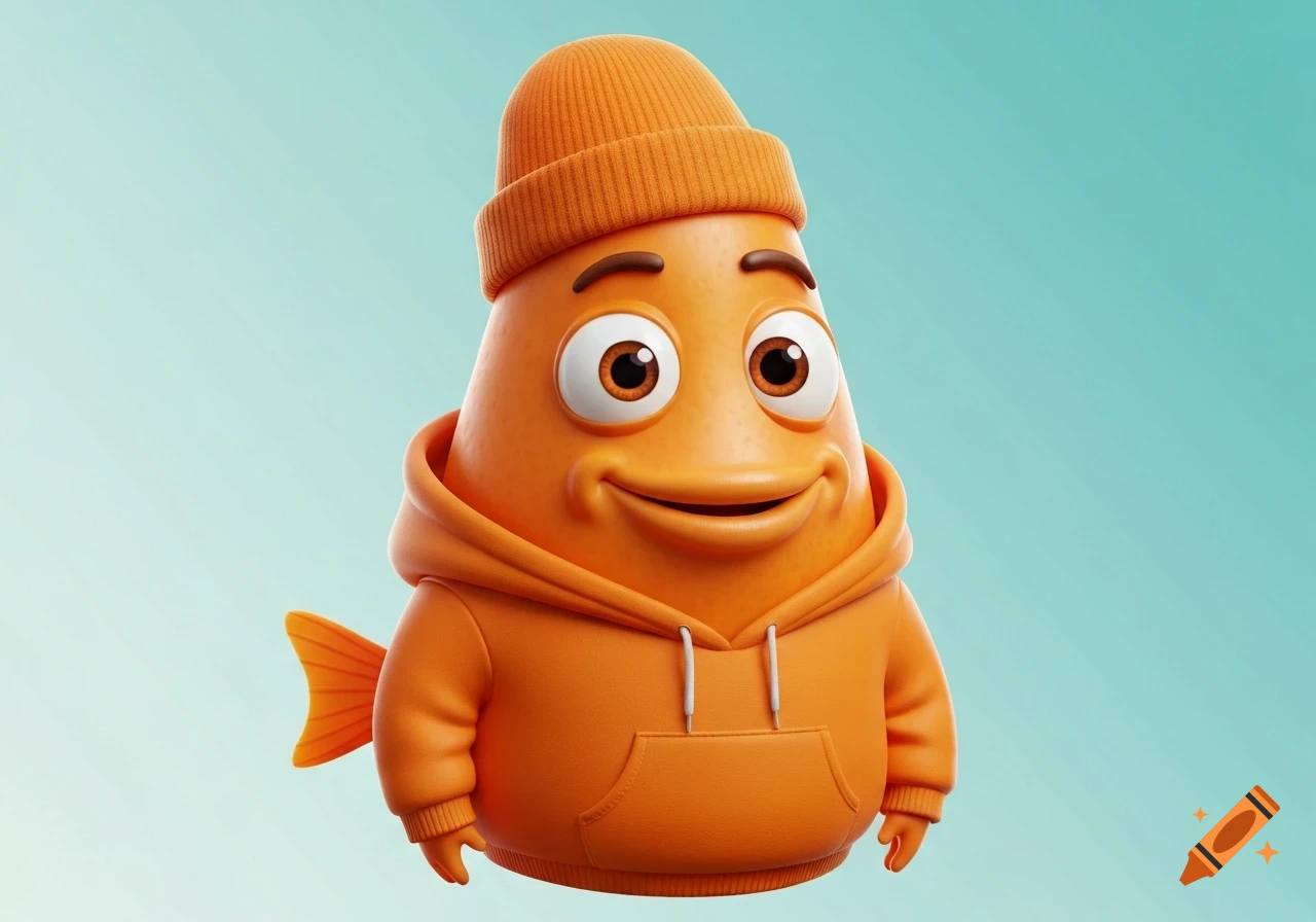 A happy, orange, cartoon fish character wearing an orange hoodie and beanie, rendered in 3D.