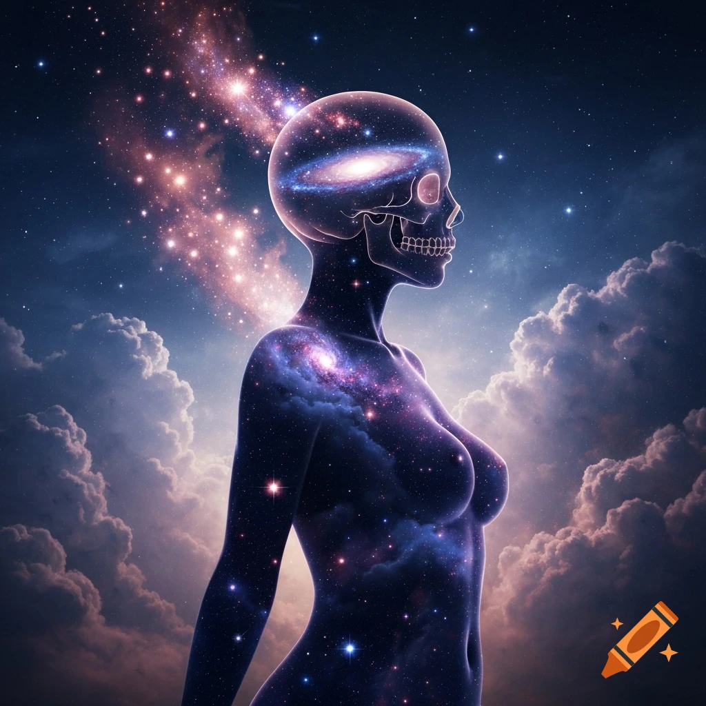 Translucent female figure filled with galaxies, showing a skull outline and galaxy swirl in her head, against a cosmic sky with clouds.