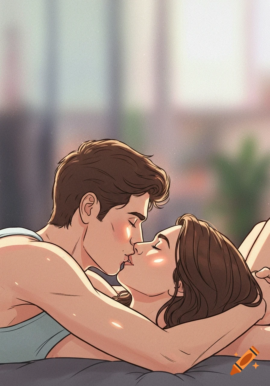 Illustration of a man and woman embracing and kissing passionately in a close-up shot.