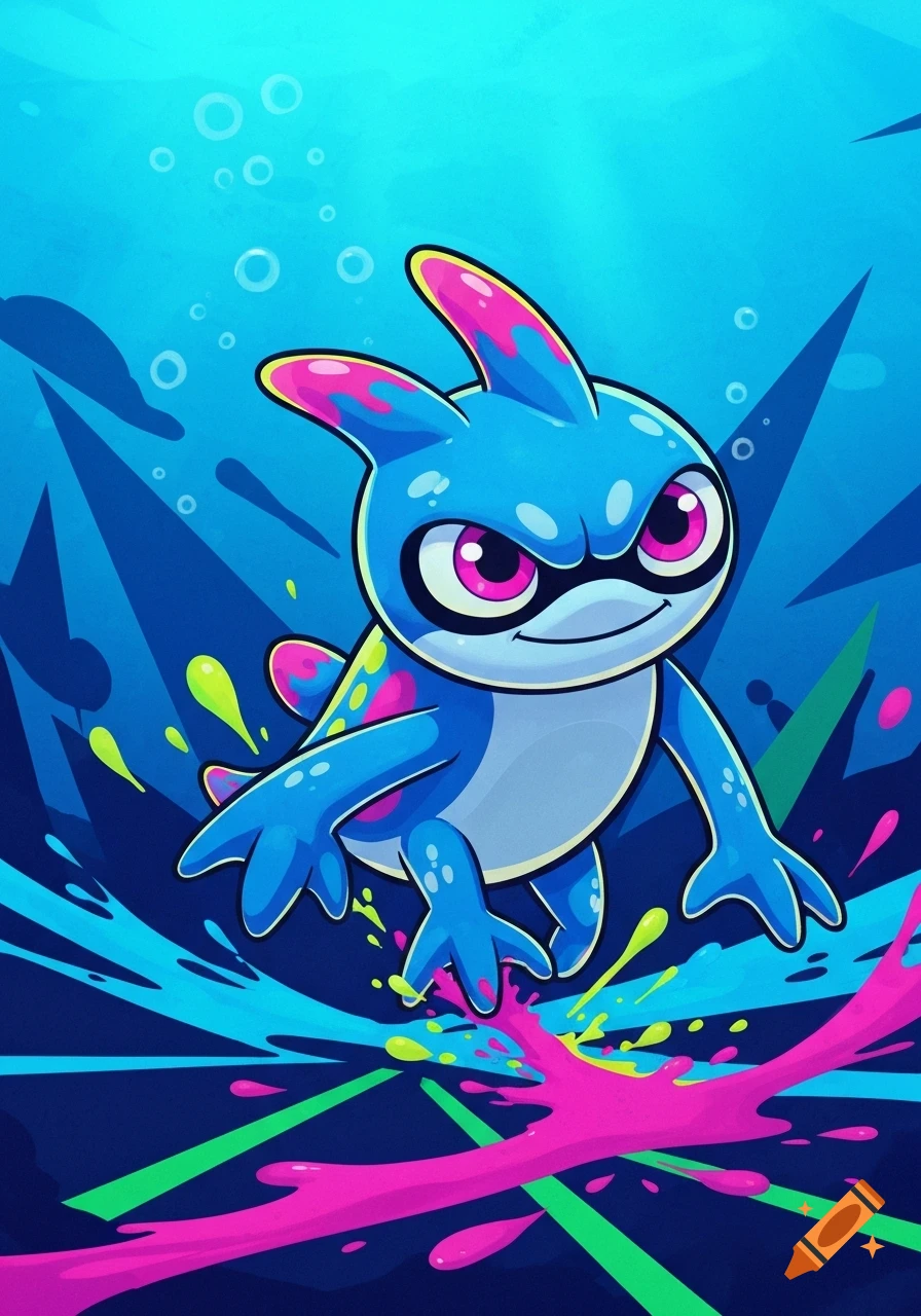 A blue, cartoonish Splatoon-style critter with large pink eyes splashes pink and neon green ink in a vibrant underwater scene.