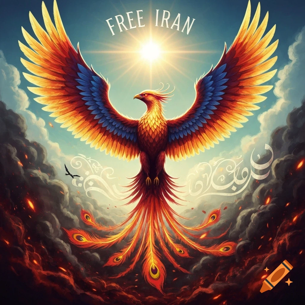 A majestic, colorful phoenix with spread wings rises from fiery clouds, with a bright sun above. The words "FREE IRAN" are written in the sky.