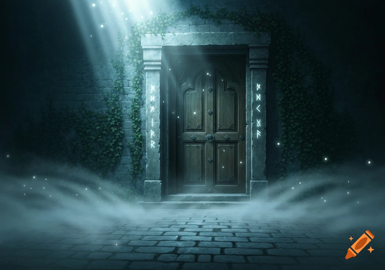 A mysterious ornate wooden door in a stone archway covered with ivy, glowing runes on the pillars, surrounded by fog and dappled light.